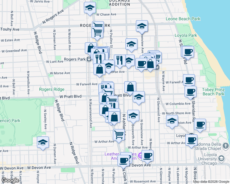 map of restaurants, bars, coffee shops, grocery stores, and more near 1644 West Pratt Boulevard in Chicago