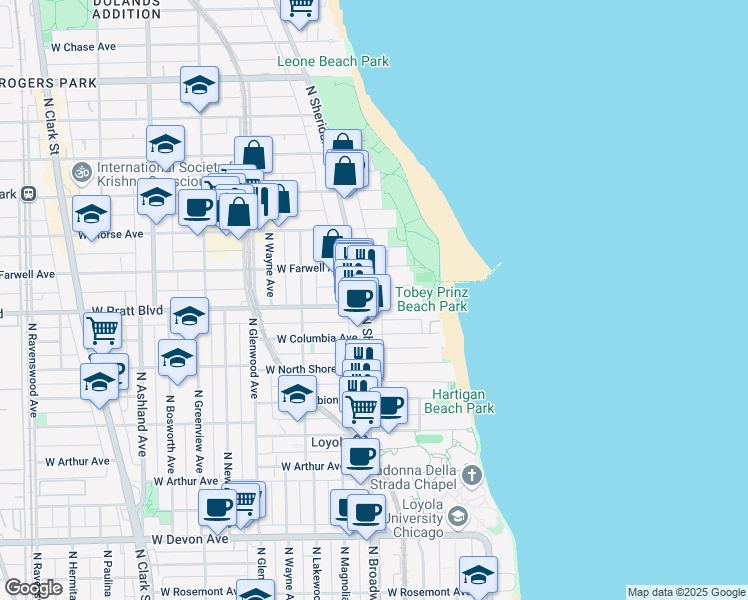 map of restaurants, bars, coffee shops, grocery stores, and more near 6801 North Sheridan Road in Chicago