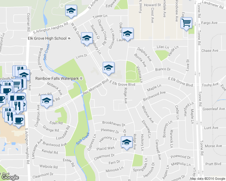 map of restaurants, bars, coffee shops, grocery stores, and more near 820 Banyon Dr in Elk Grove Village