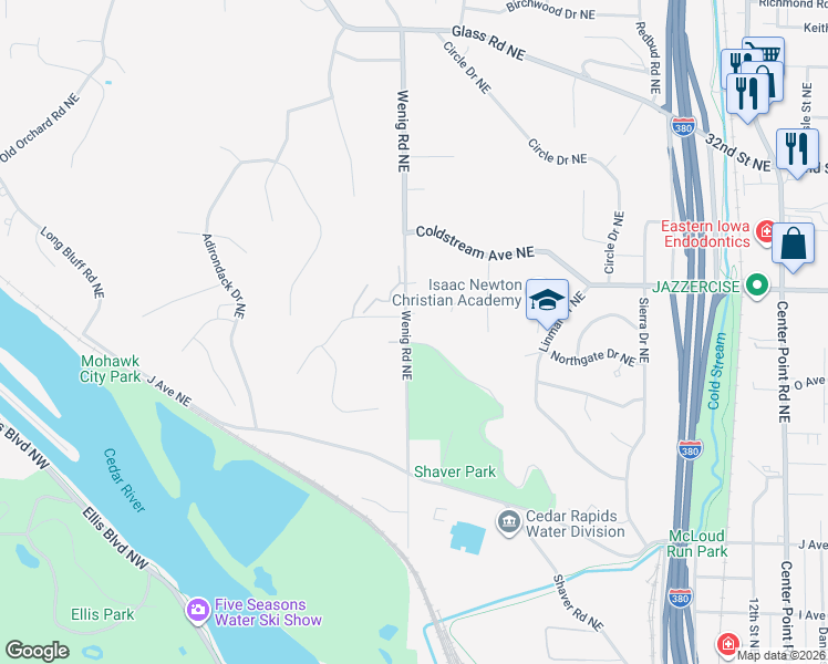 map of restaurants, bars, coffee shops, grocery stores, and more near 1624 Wenig Road Northeast in Cedar Rapids