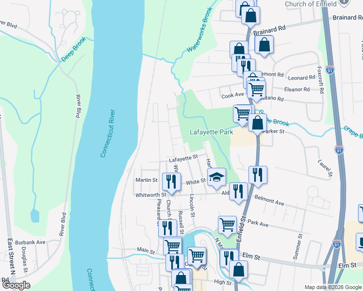 map of restaurants, bars, coffee shops, grocery stores, and more near 102 Windsor Street in Enfield