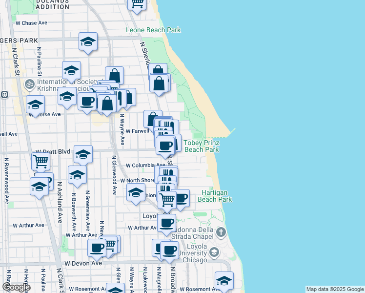 map of restaurants, bars, coffee shops, grocery stores, and more near 1134 West Pratt Boulevard in Chicago