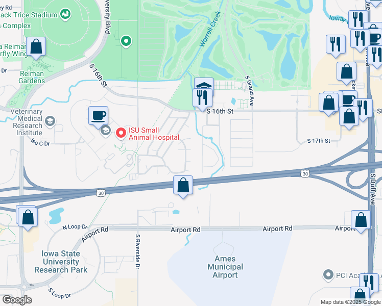 map of restaurants, bars, coffee shops, grocery stores, and more near 102 Date Court in Ames