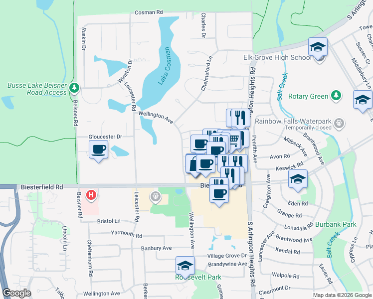 map of restaurants, bars, coffee shops, grocery stores, and more near 793 Wellington Avenue in Elk Grove Village