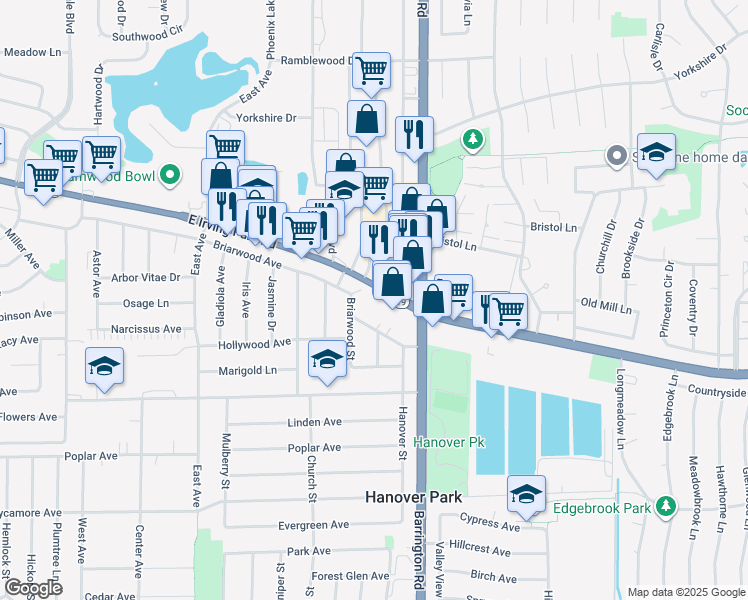 map of restaurants, bars, coffee shops, grocery stores, and more near 7341 Briarwood Street in Hanover Park