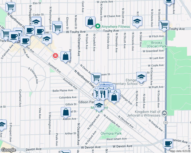 map of restaurants, bars, coffee shops, grocery stores, and more near 6907 North Owen Avenue in Chicago