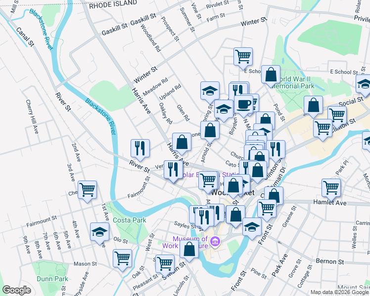 map of restaurants, bars, coffee shops, grocery stores, and more near 47 Kindergarten Street in Woonsocket