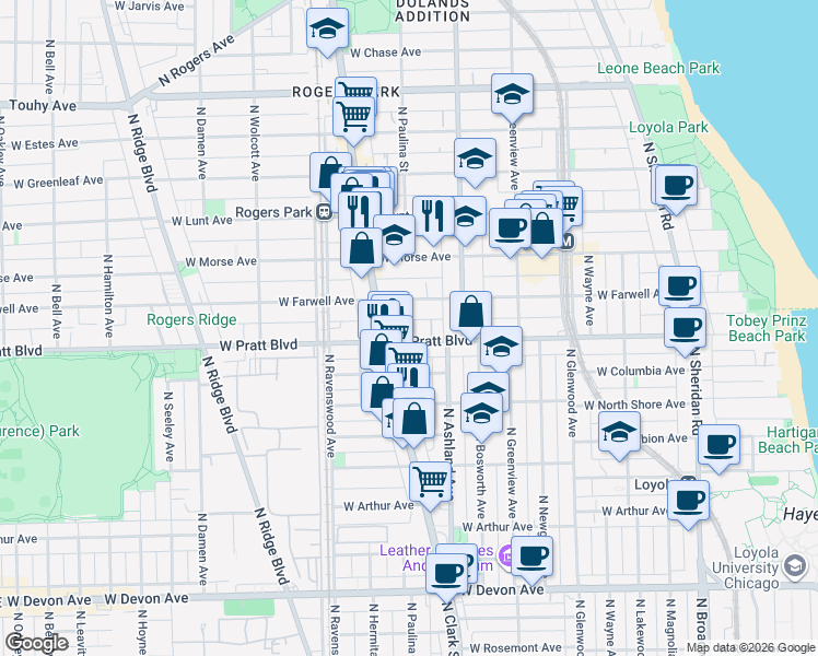 map of restaurants, bars, coffee shops, grocery stores, and more near 1654 West Pratt Boulevard in Chicago
