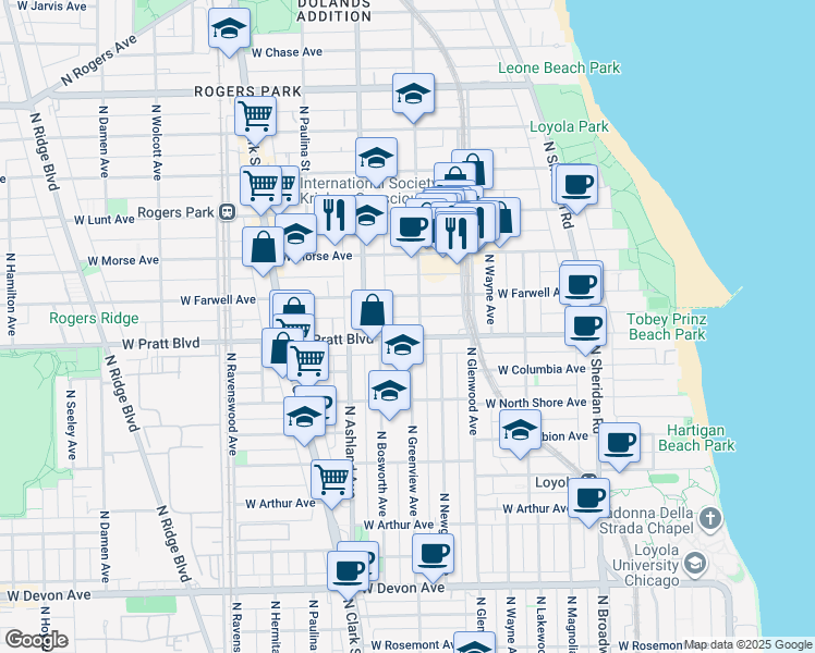 map of restaurants, bars, coffee shops, grocery stores, and more near 1508 West Pratt Boulevard in Chicago