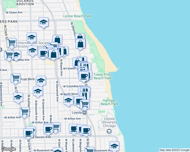 map of restaurants, bars, coffee shops, grocery stores, and more near 1120 West Pratt Boulevard in Chicago