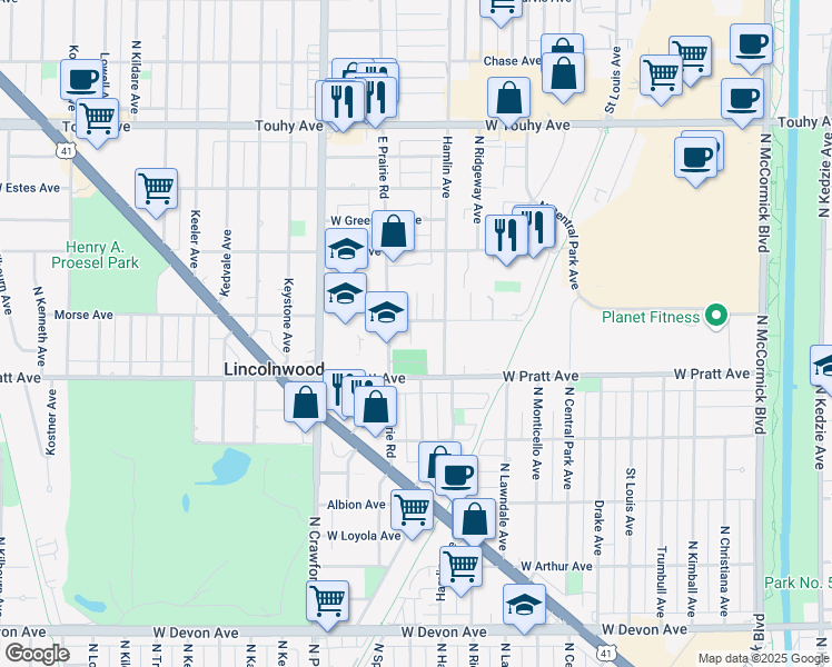 map of restaurants, bars, coffee shops, grocery stores, and more near 3821 Morse Avenue in Lincolnwood