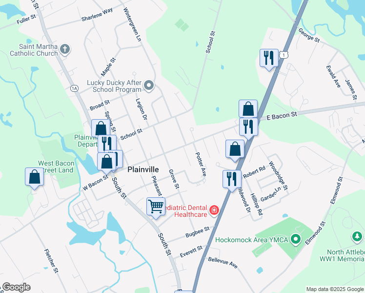 map of restaurants, bars, coffee shops, grocery stores, and more near 74 E Bacon St in Plainville