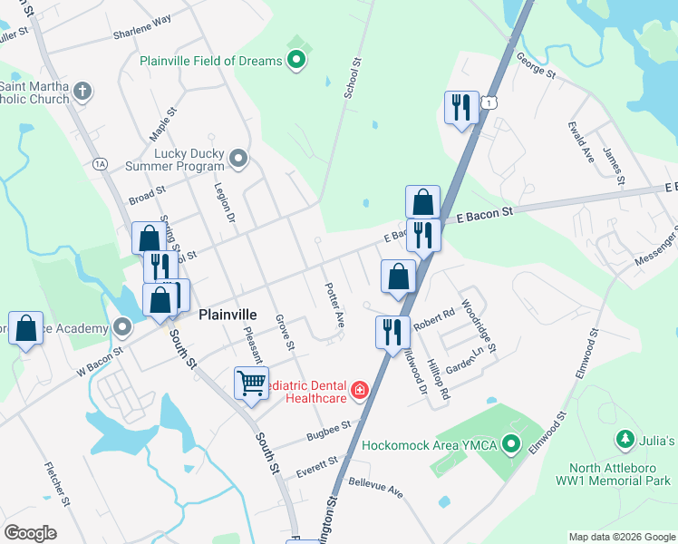 map of restaurants, bars, coffee shops, grocery stores, and more near 85 East Bacon Street in Plainville