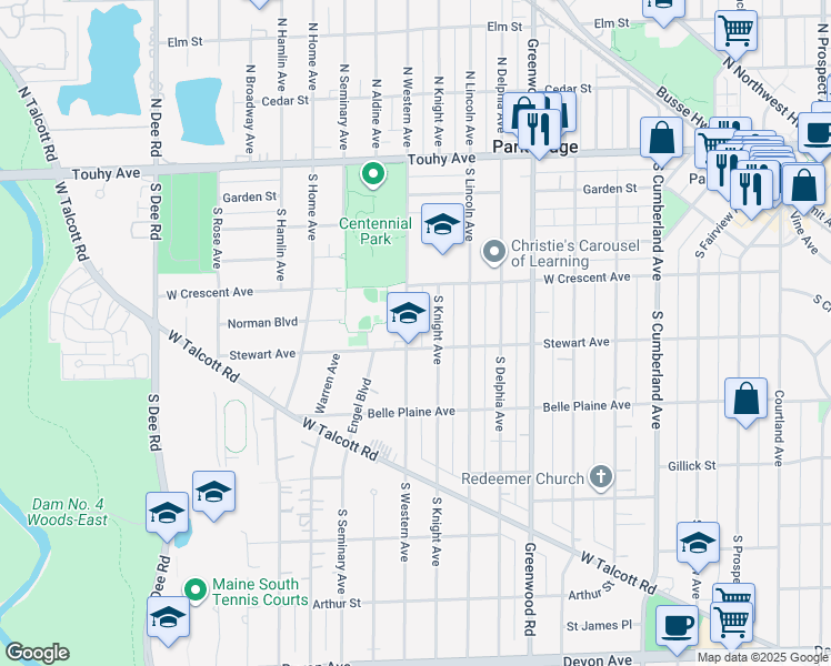 map of restaurants, bars, coffee shops, grocery stores, and more near 1500 Stewart Avenue in Park Ridge