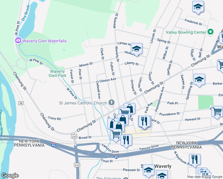map of restaurants, bars, coffee shops, grocery stores, and more near 530 Clark Street in Waverly