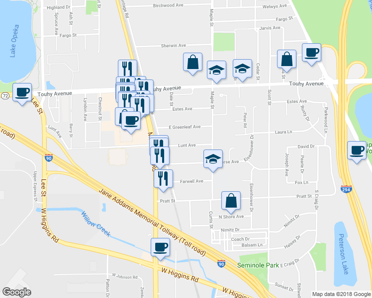 map of restaurants, bars, coffee shops, grocery stores, and more near 1709 Lunt Avenue in Des Plaines