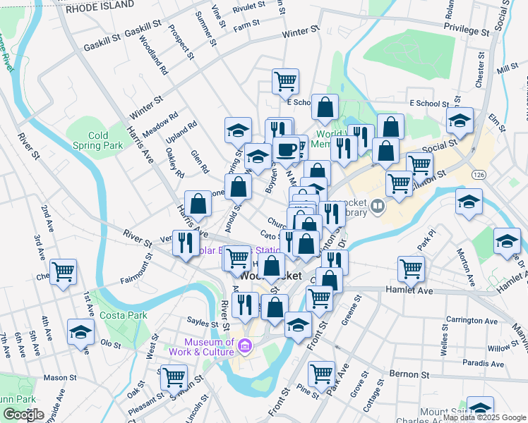 map of restaurants, bars, coffee shops, grocery stores, and more near 151 Church Street in Woonsocket