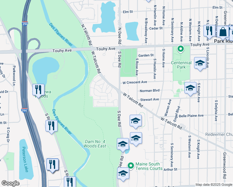 map of restaurants, bars, coffee shops, grocery stores, and more near 414 South Dee Road in Park Ridge
