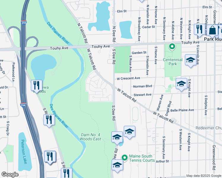 map of restaurants, bars, coffee shops, grocery stores, and more near 414 South Dee Road in Park Ridge