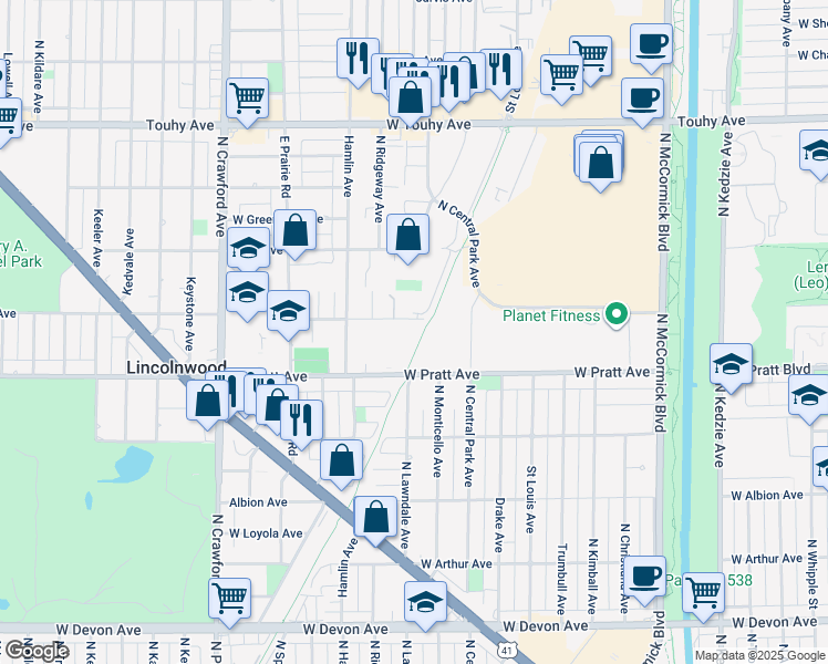 map of restaurants, bars, coffee shops, grocery stores, and more near 3705 Morse Avenue in Lincolnwood