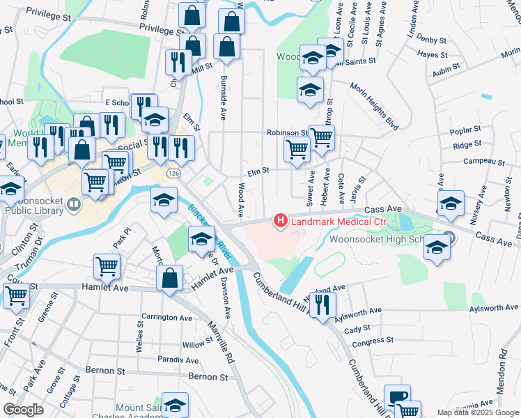 map of restaurants, bars, coffee shops, grocery stores, and more near 59 Wood Avenue in Woonsocket