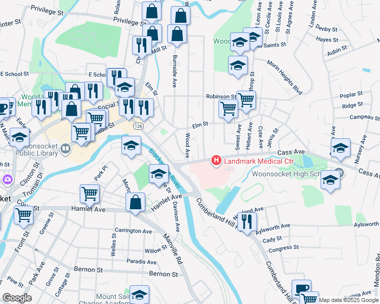 map of restaurants, bars, coffee shops, grocery stores, and more near 59 Wood Avenue in Woonsocket