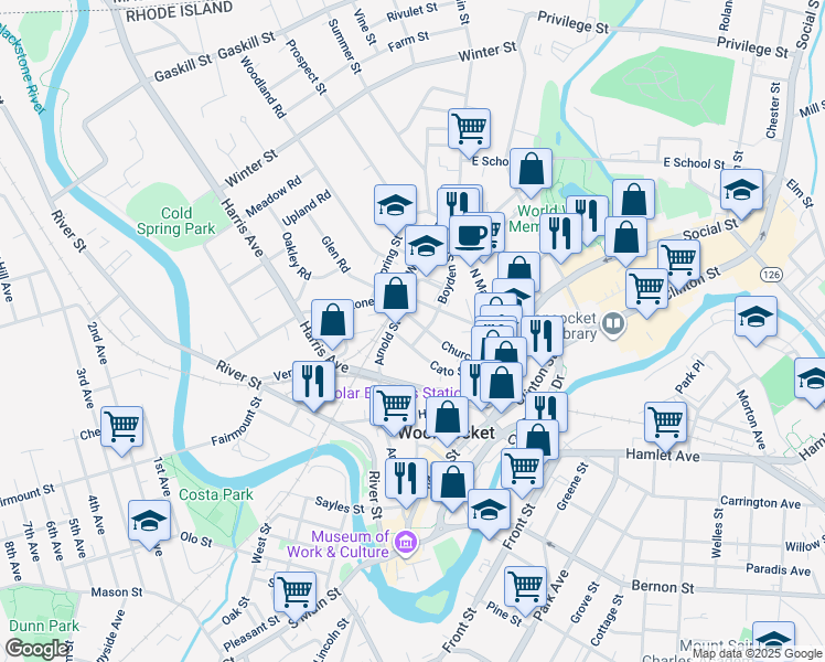 map of restaurants, bars, coffee shops, grocery stores, and more near 185 Church Street in Woonsocket