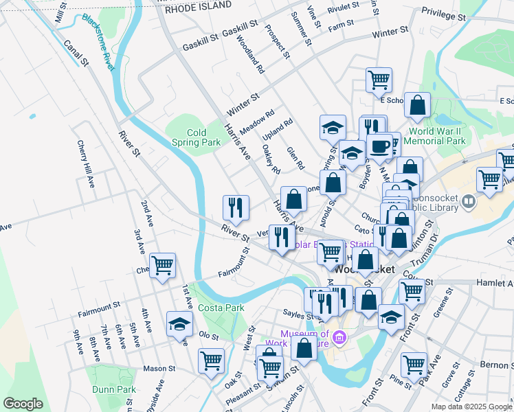 map of restaurants, bars, coffee shops, grocery stores, and more near 495 Blackstone Street in Woonsocket