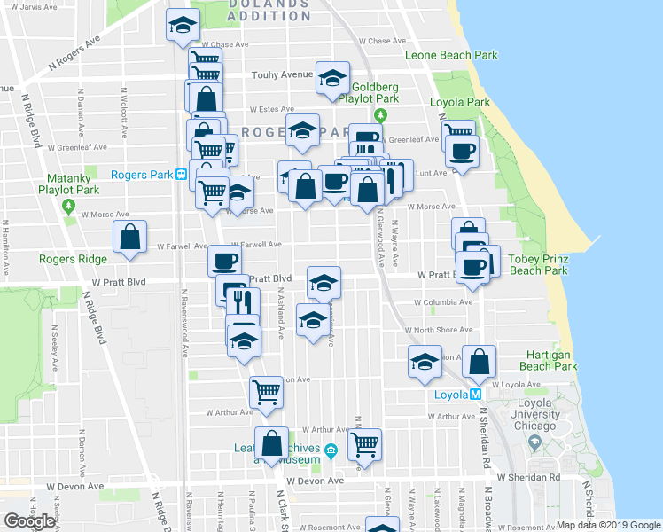 map of restaurants, bars, coffee shops, grocery stores, and more near 6811 North Greenview Avenue in Chicago