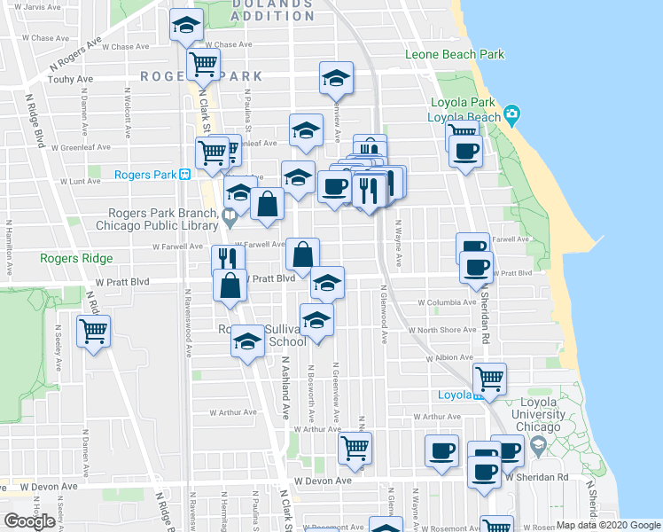map of restaurants, bars, coffee shops, grocery stores, and more near 1524 West Pratt Boulevard in Chicago