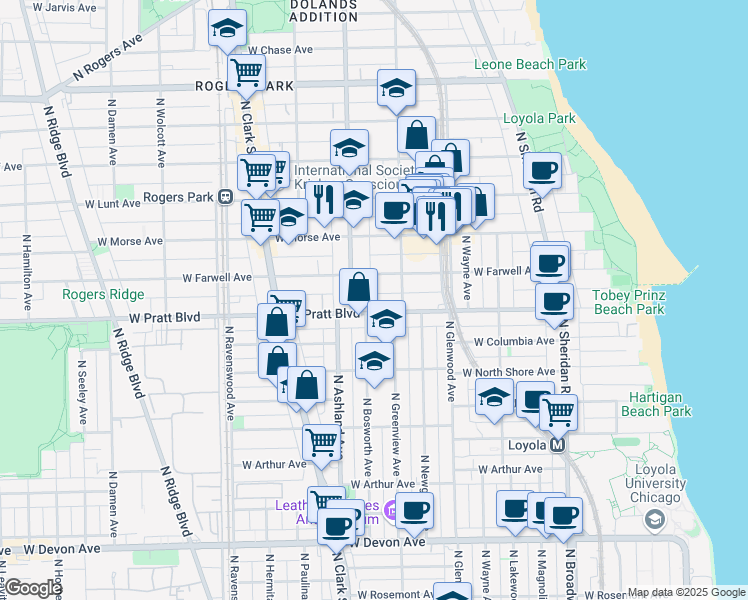 map of restaurants, bars, coffee shops, grocery stores, and more near 1524 West Pratt Boulevard in Chicago