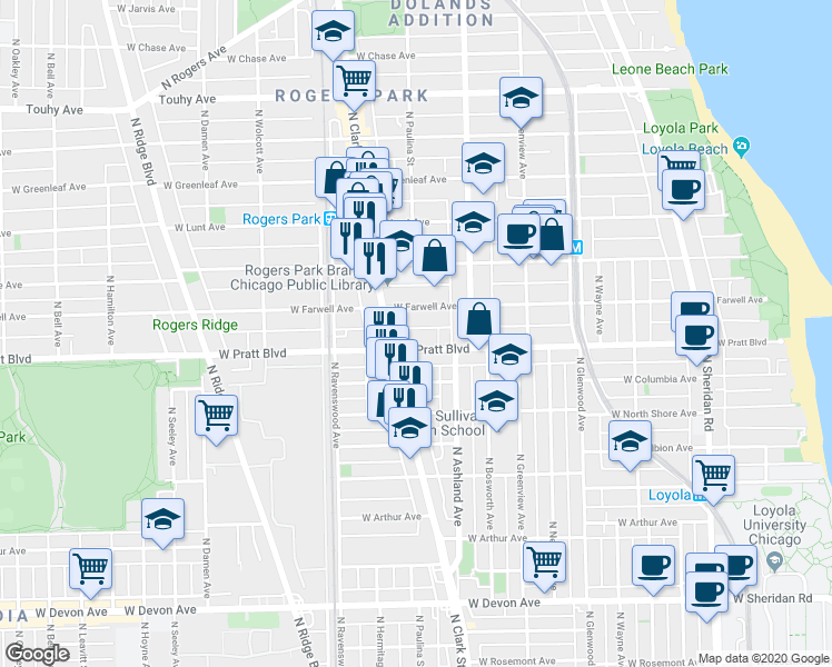 map of restaurants, bars, coffee shops, grocery stores, and more near 1648 West Pratt Boulevard in Chicago
