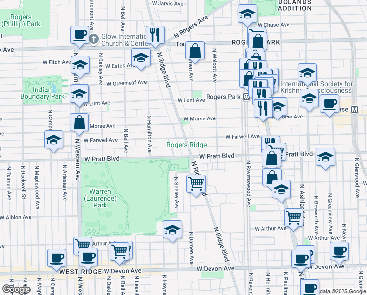 map of restaurants, bars, coffee shops, grocery stores, and more near 6826 North Ridge Boulevard in Chicago