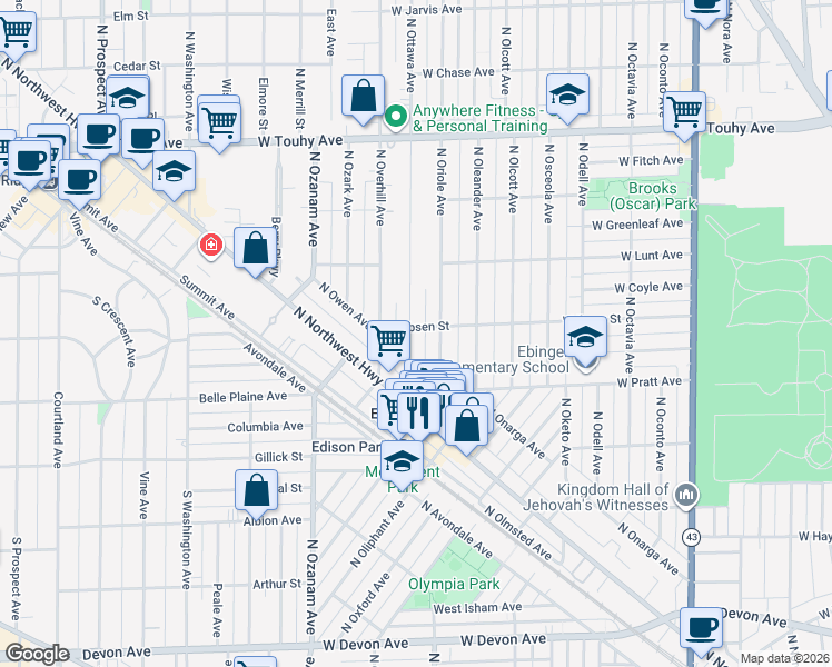 map of restaurants, bars, coffee shops, grocery stores, and more near 7620 West Ibsen Street in Chicago