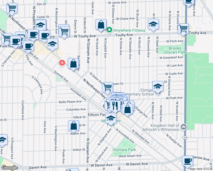 map of restaurants, bars, coffee shops, grocery stores, and more near 6907 North Owen Avenue in Chicago