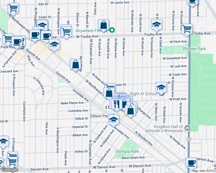 map of restaurants, bars, coffee shops, grocery stores, and more near 6907 North Owen Avenue in Chicago