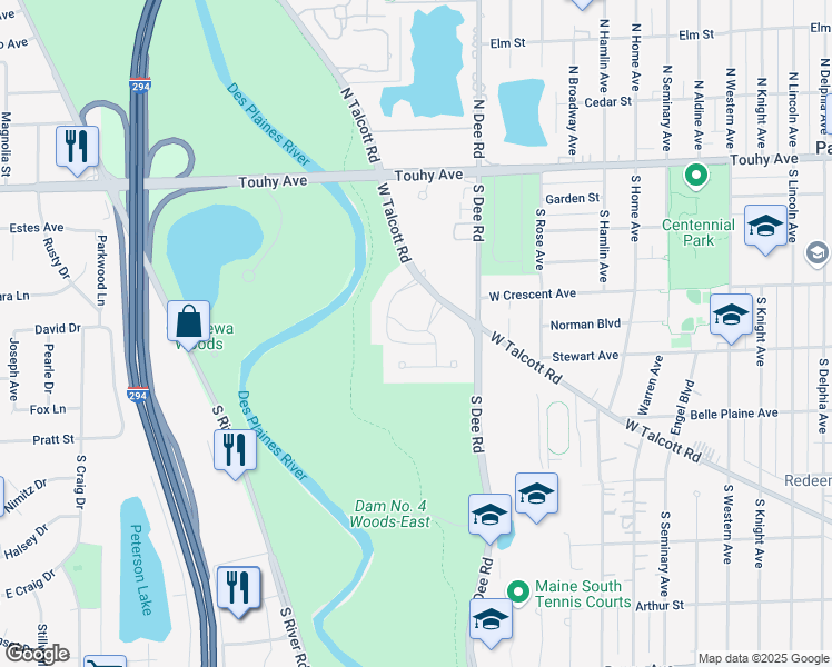 map of restaurants, bars, coffee shops, grocery stores, and more near 2500 Archbury Lane in Park Ridge