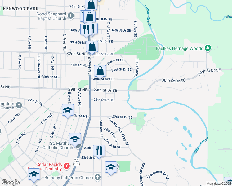map of restaurants, bars, coffee shops, grocery stores, and more near 225 29th Street Drive Southeast in Cedar Rapids