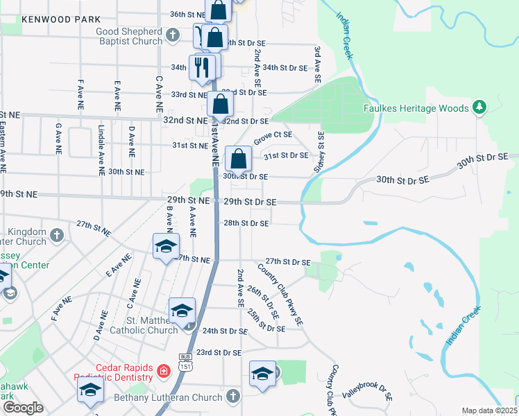map of restaurants, bars, coffee shops, grocery stores, and more near 225 29th Street Drive Southeast in Cedar Rapids