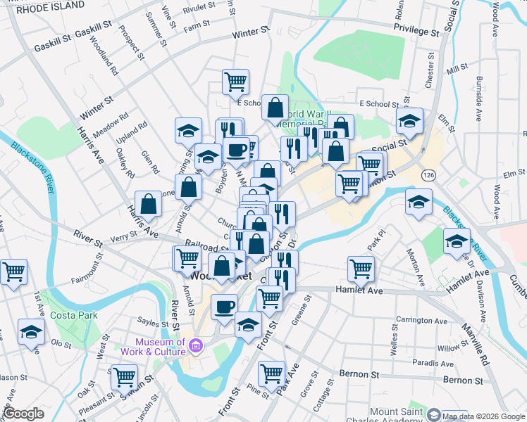 map of restaurants, bars, coffee shops, grocery stores, and more near 597 Main Street in Woonsocket