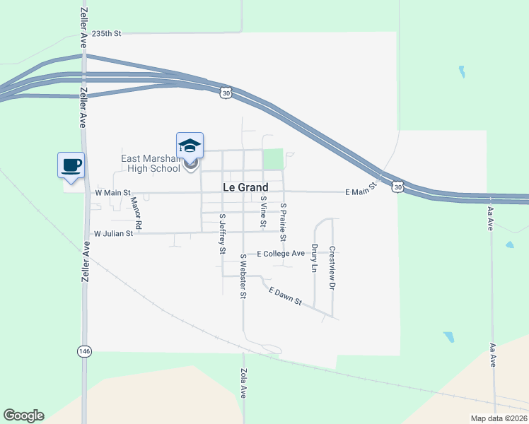map of restaurants, bars, coffee shops, grocery stores, and more near 201 East Clinton Street in Le Grand