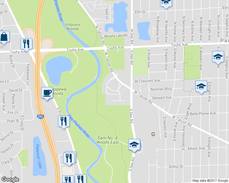 map of restaurants, bars, coffee shops, grocery stores, and more near 2500 Archbury Lane in Park Ridge