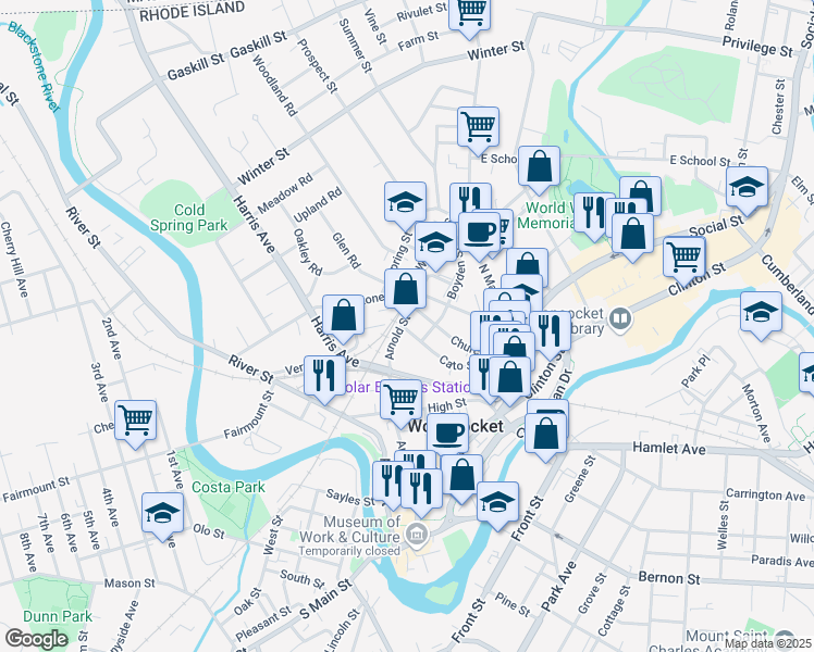 map of restaurants, bars, coffee shops, grocery stores, and more near 415 Arnold Street in Woonsocket
