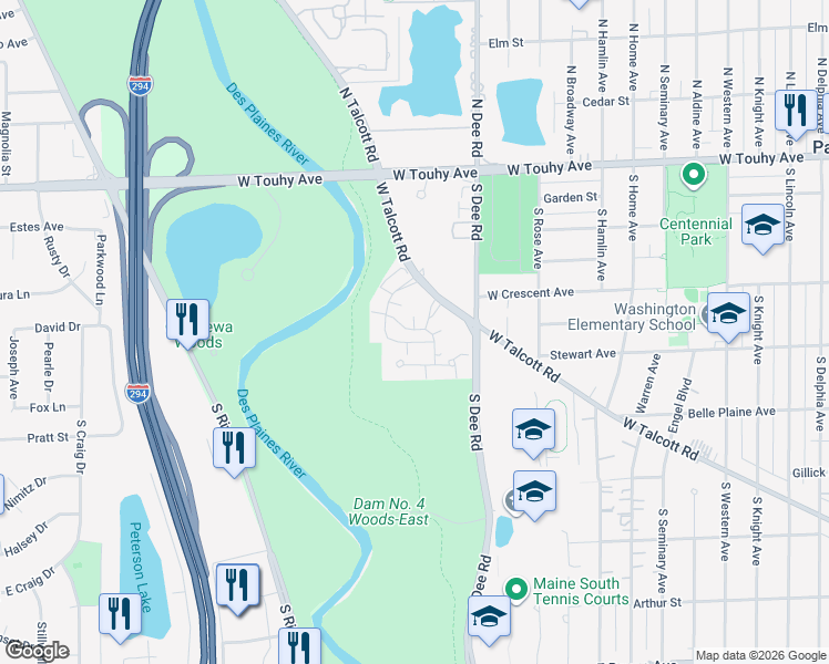 map of restaurants, bars, coffee shops, grocery stores, and more near 2500 Archbury Lane in Park Ridge