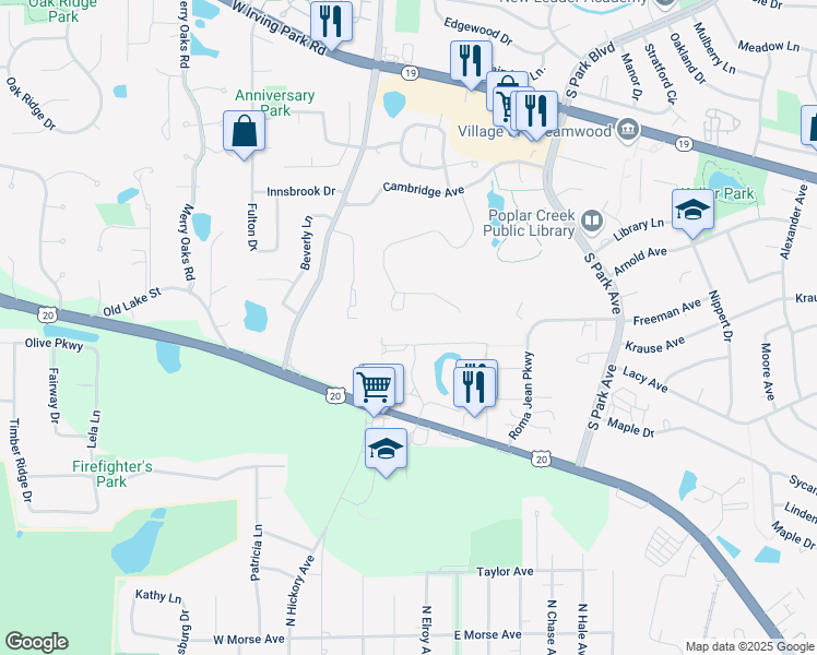 map of restaurants, bars, coffee shops, grocery stores, and more near 3013 Jamestown Court in Streamwood