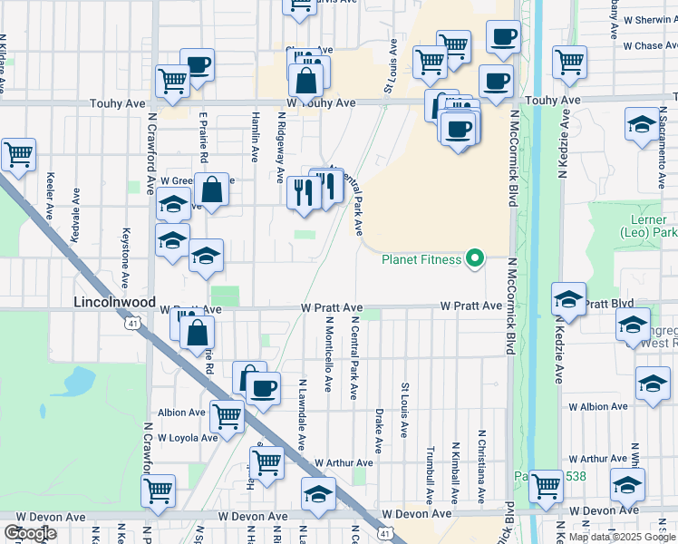 map of restaurants, bars, coffee shops, grocery stores, and more near 6850 North Central Park Avenue in Lincolnwood
