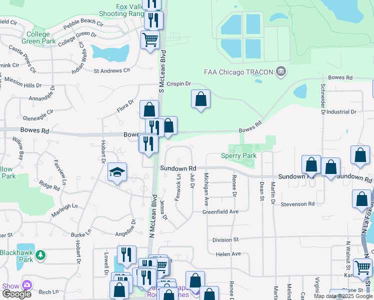 map of restaurants, bars, coffee shops, grocery stores, and more near 1055 Adrienne Drive in South Elgin