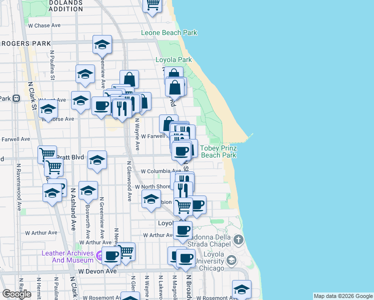 map of restaurants, bars, coffee shops, grocery stores, and more near 6807 North Sheridan Road in Chicago