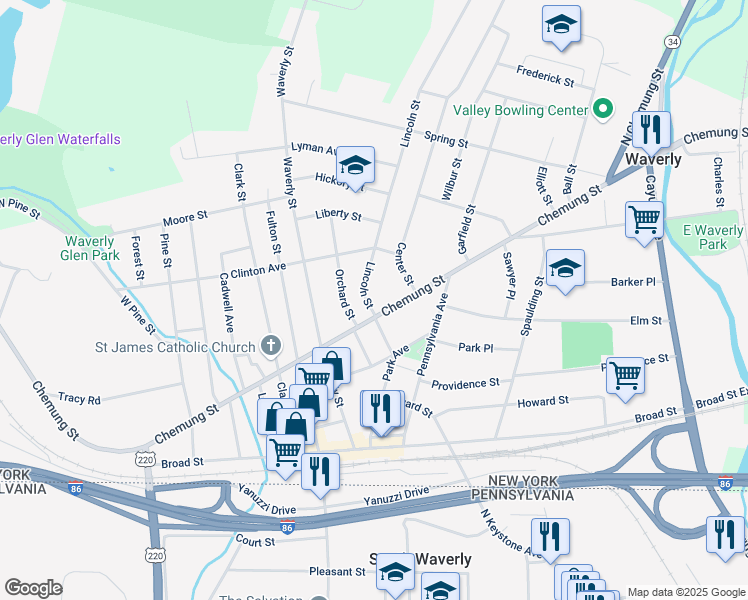 map of restaurants, bars, coffee shops, grocery stores, and more near 4 Lincoln Street in Waverly