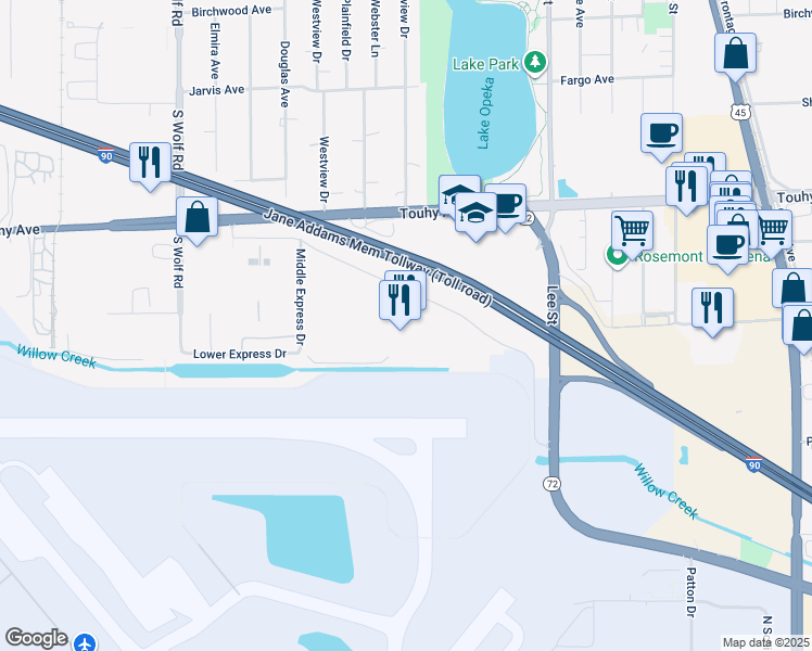 map of restaurants, bars, coffee shops, grocery stores, and more near 11601 West Touhy Avenue in Chicago